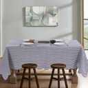 100% French Flax Linen Tablecloths Scalloped Embroidery Rectangle 84Lx60W Inch for Dinners, Parties, Spring, Machine Washable, 6-8 Sets, Blue Stripe(Edges-Blue)