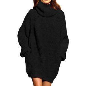 Pink Queen Women's Loose Turtleneck Oversize Long Pullover Sweater Dress (X-Large, Black)