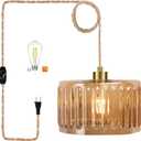 QIYIZM Plug in Pendant Light Hanging Lights with in Cord Mid Century Modern Gold Hanging Lamp Flower Glass Amber Vintage Dimmable Chandelier Ceiling Fixture for Living Room,Kitchen,Boho