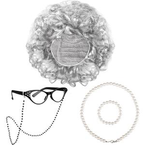 URATOT Halloween Kids Old Lady Wig Costume Set Wig with Glasses Chain Pearl Necklace Bracelet Glasses