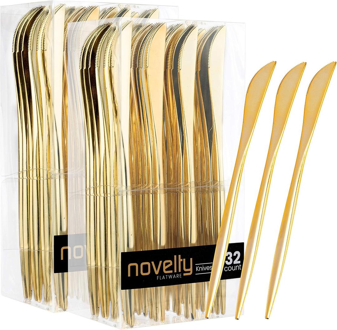 Novelty Modern Flatware, Cutlery, Disposable Plastic Knives Luxury Gold 64 Count