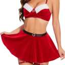 Lidogirl Women Tie-Front Crop Top And Lace Trim Plaid Skirt Set With Stockings (Medium, Christmas Red)