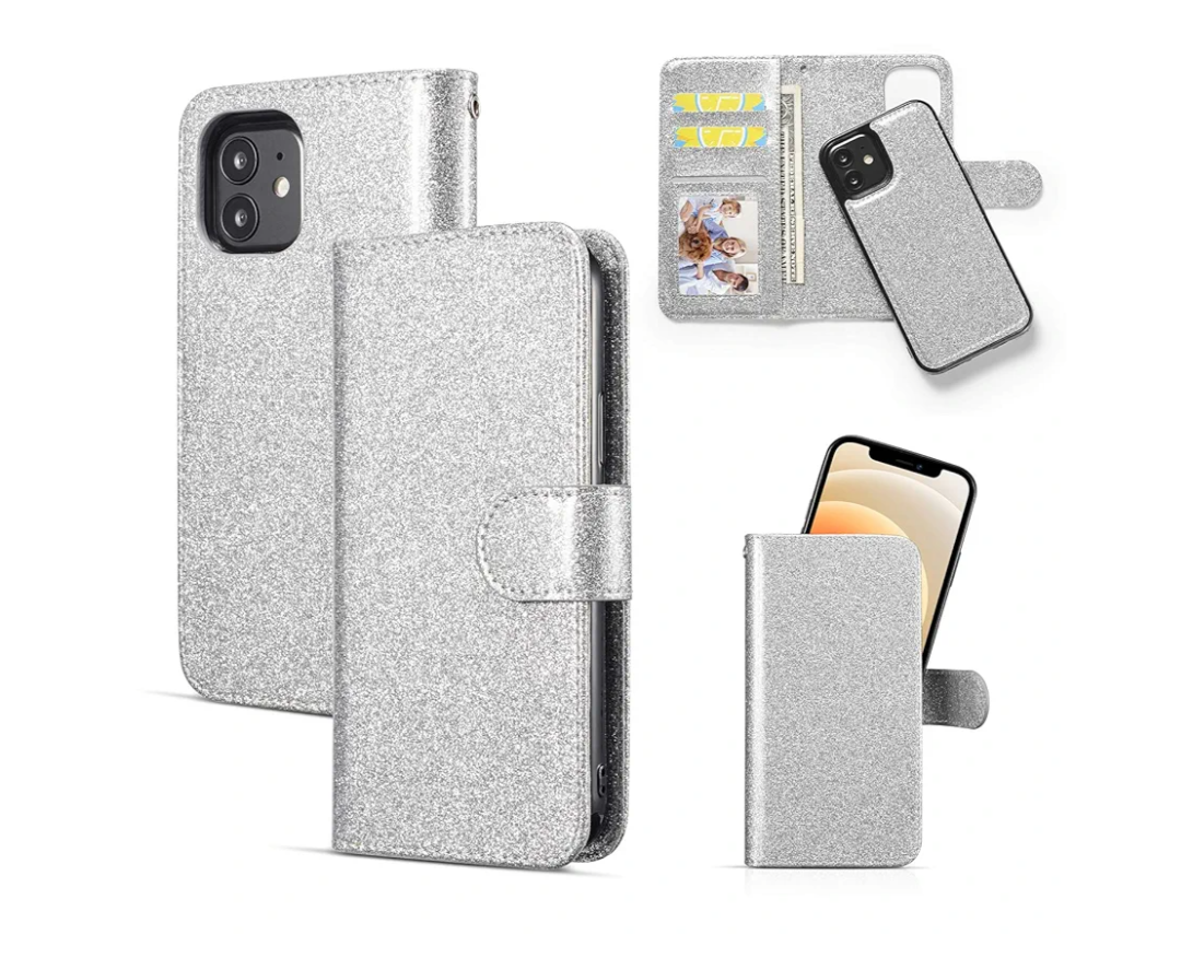 QLTYPRI Case for iPhone 12 Pro Max Premium PU Leather Rubber Silicone Bumper Card Holder Magnetic Detachable Wallet Case Cover for iPhone 12 Pro  (6.7 inch) - Silver