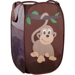 Handy Laundry Collapsible Mesh Pop Up Laundry Hamper with Side Pocket Breathable, Space-Saving, Foldable Basket for Clothes, Toys, Travel & Storage, 14 x 13 x 24 in, Monkey