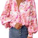 PRETTYGARDEN Women's Floral Blouses Dressy Casual V Neck Button Down Shirts Lantern Long Sleeve Boho Chiffon Fall Tops 2026 (Pink, L)