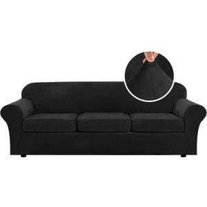 H.VERSAILTEX Velvet 4 Piece High Stretch Sofa Slipcover Cover Furniture Protector Form Fit Thick Velvet Extra Large Sofa Cover for 3 Cushion Couch Width Up to 105 Inch(XL Sofa, Jet Black)