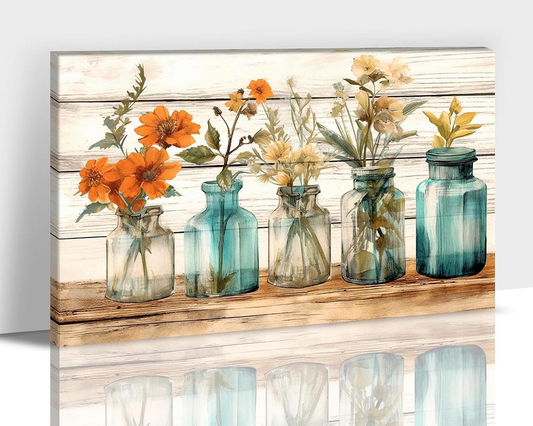 Hzddty Farmhouse Bathroom Wall Decor Teal Vintage Floral Vase Canvas Print Picture for Country Bathroom Decor, Flower Picture Artwork for Walls Home Decor 18x24 Inches