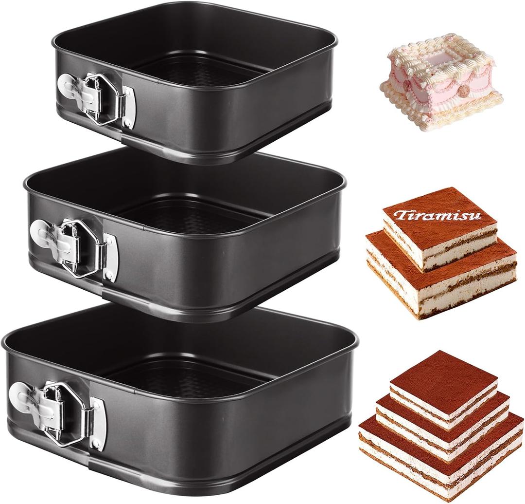 3PCS Square Springform Pan with Removable Bottom 8 inch/9 inch/10 inch Springform Cake Pan Non-stick Square Bakeware for Cake, Cheesecakes, Pizza, and Quiches, Black