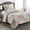 Brilliant Sunshine Pink and Green Rose Patchwork, 2-Piece Quilt Set with 1 Sham, Reversible Bedspread, Soft Lightweight Coverlet, All-Season, Twin, Pink Green