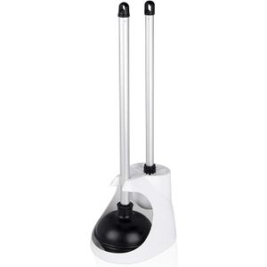 NEIKO 60167A Toilet Plunger with Holder for Brush and Bathroom Plunger Set, Clean Aluminum Handle, White Plunger Caddy, Toilet Brush Set for Cleaning Toilet Bowl (Set: 3 Piece)