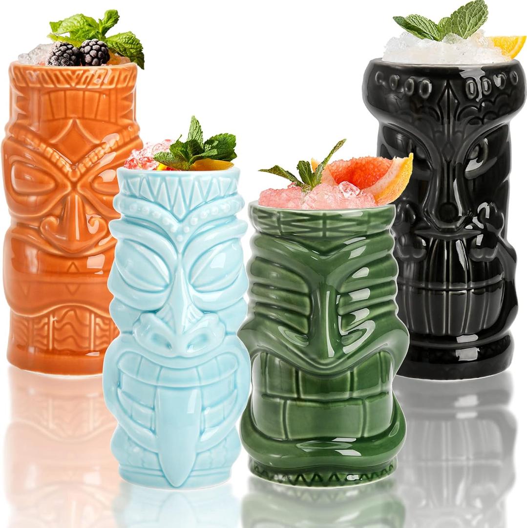 Peohud 3 Pack Ceramic Tiki Mugs, Hawaiian Party Mugs, 20/18/16 Oz Exotic Cocktail Glasses, Tiki Drinking Tumbler Cups for Mai Tai, Pina Colada, Tiki Bar Professional Barware