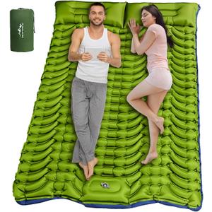 Double Sleeping Pad for Camping, Self Inflating 4" Extra Thick Camping Sleeping Pad for 2 Person with Pillow, Built-in Foot Pump, Portable Sleeping Mat for Backpacking, Hiking, Travel Tent (Green+Blue)