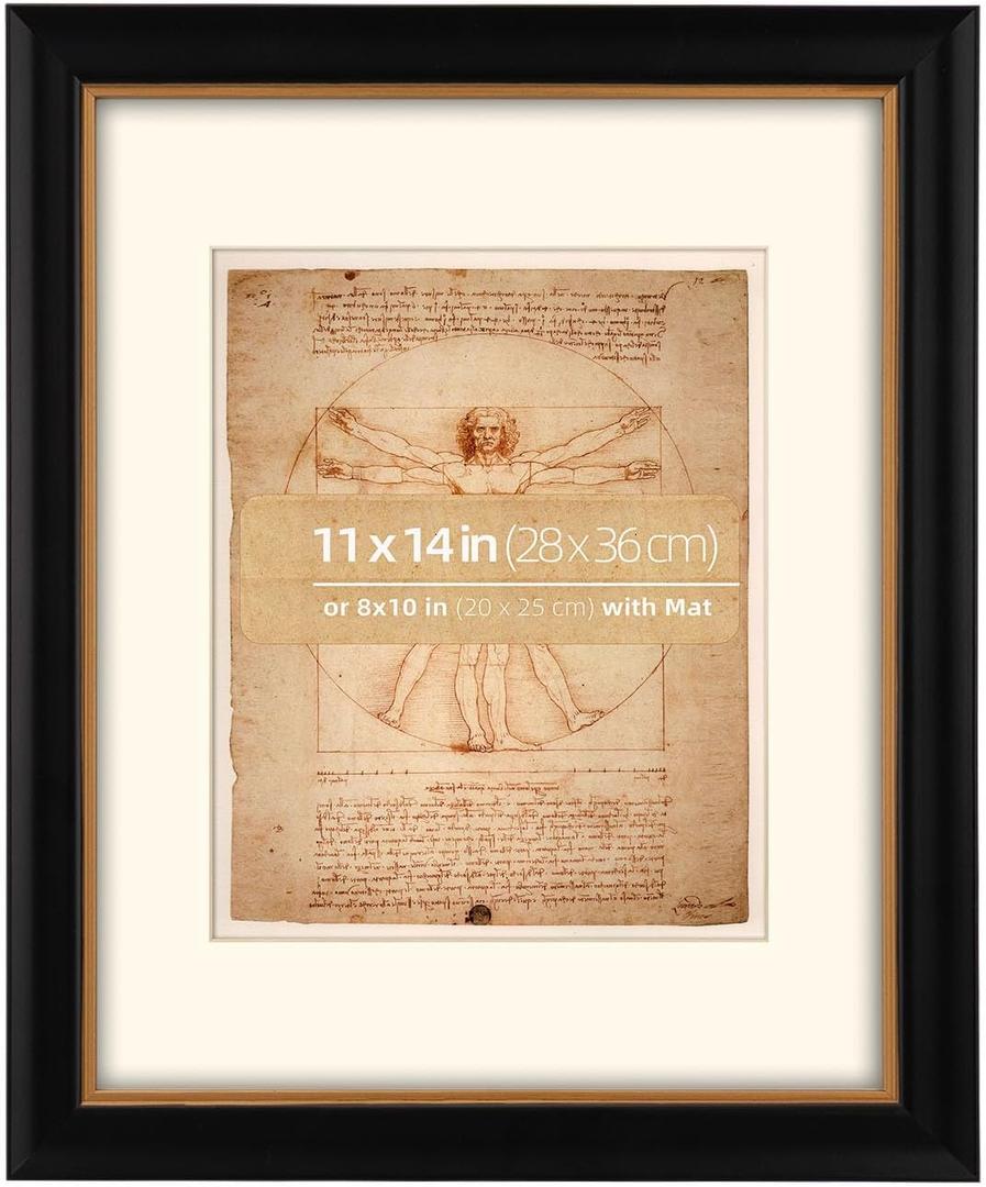 11x14 Wood Black Gold 2 Tone Vintage Antique Retro Picture Frame, Museum Grade Off White Mat 8x10, Real Glass Protection, Gold Trim