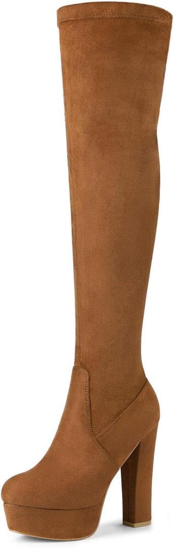 Allegra K Women's Platform Block Heel Over Knee High Boots (6.5, Brown)