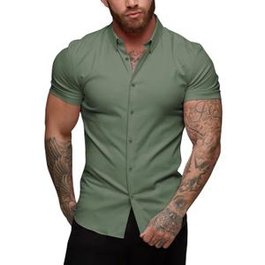 URRU Men's Muscle Dress Shirts Slim Fit Stretch Short Sleeve Casual Button Down Shirts for Men,small