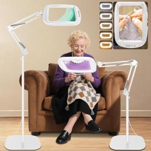 30X 10X Extra Large Floor Magnifying Glass with Light and Stand,7-inch Adjustable Height Floor Magnifying Lamp,2 in 1 Lighted Magnifiers for Close Work, Sewing,Crafts,Hobbies,Reading,White