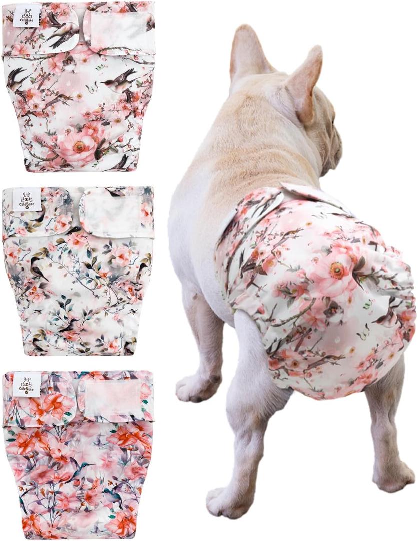 CuteBone Washable Dog Diapers Female No Tail Hole 3 Pack Reusable Doggie Period Training Pants for Docked-Tail Frenchie French Bulldog Boston Terrier Without Tail WWD30L