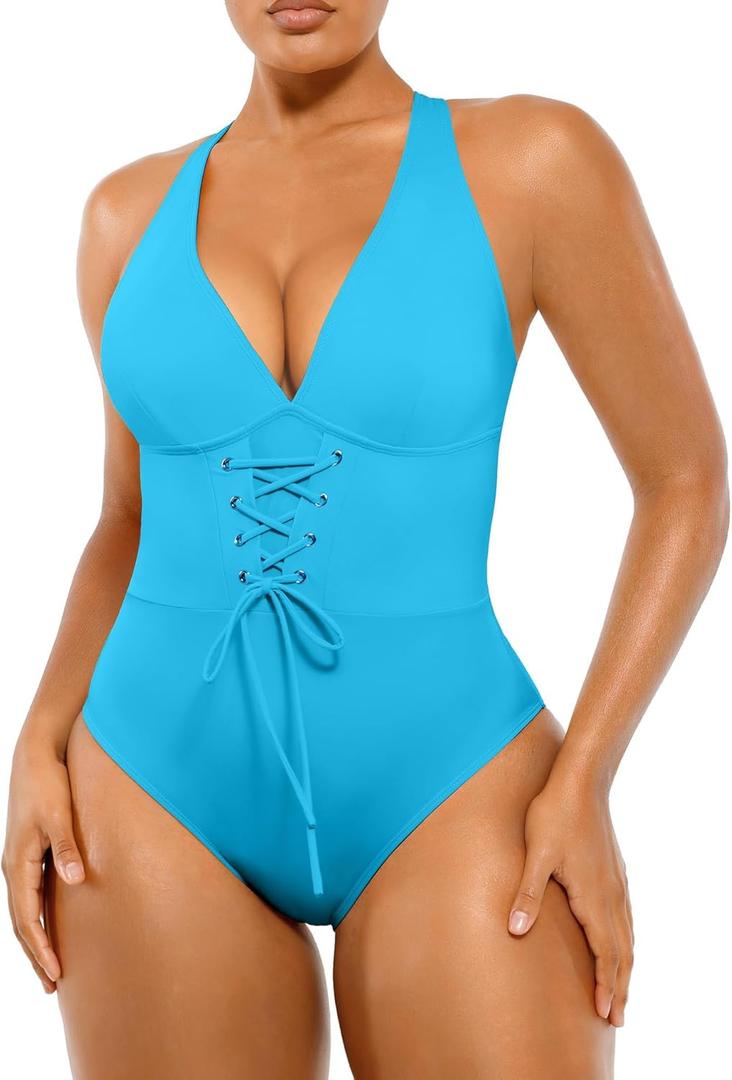 SHAPELLX Women One Piece Swimsuits Tummy Control Bathing Suits Push Up Slimming Swimwear with Built-in Bra V Neck (Large, Blue)