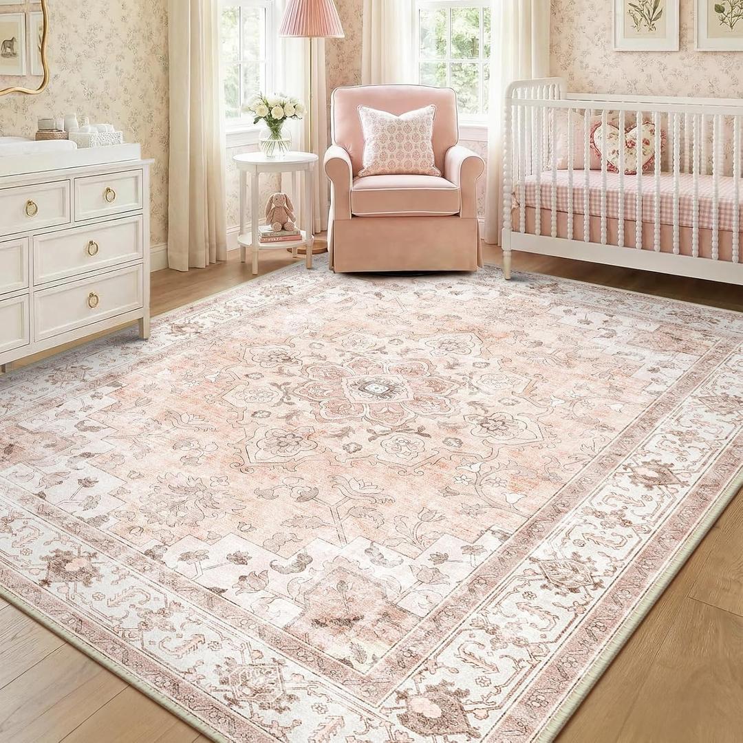CAPALOCA 7x9 Washable Nursery Girls Low Pile Area Rug Pink