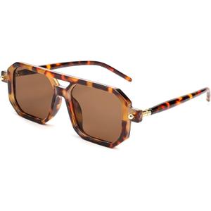 FEISEDY Vintage Square 70s Flat Aviator Sunglasses Women Men Classic Retro Stylish Frame UV400 Sunglasses B2622 (003 Leopard Frame & Tea Lens)