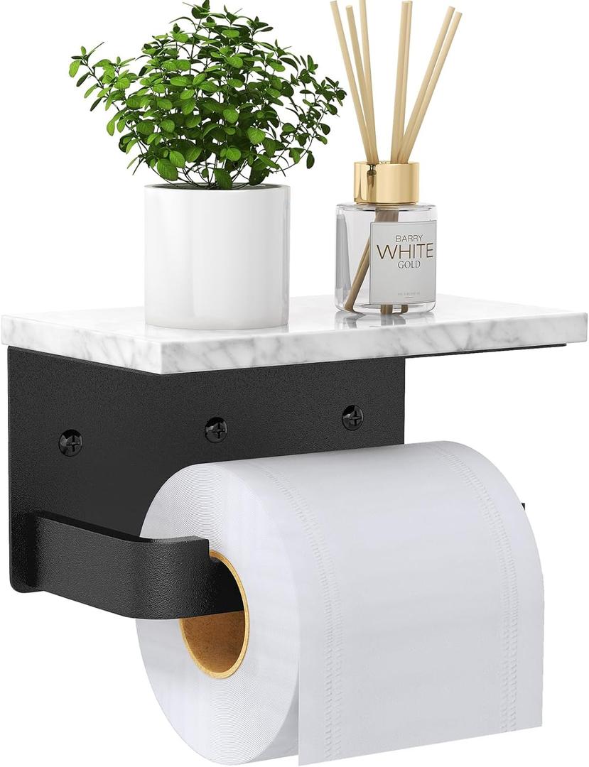 Toilet Paper Holder with Shelf, Extended Base Wall Mounted, Marble Toilet Roll Holder Black for Bathroom Washroom