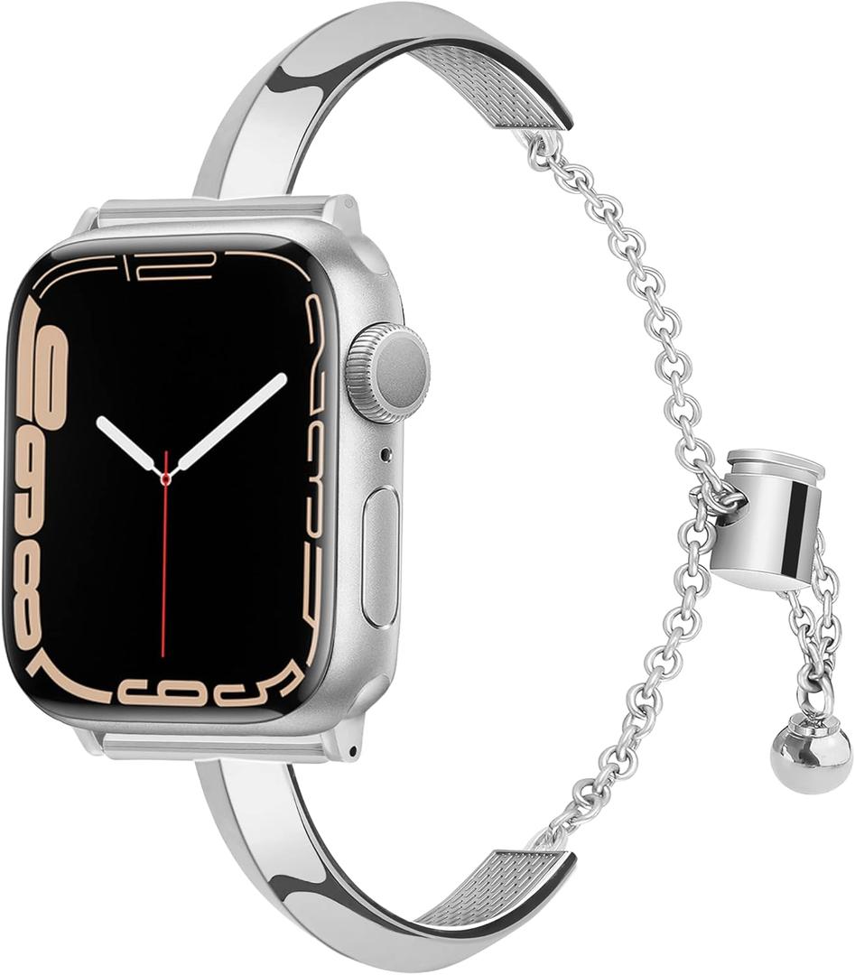 Slim Metal Band Compatible with Apple Watch Band 46mm 45mm 44mm 49mm 42mm iWatch SE Series 10 9 8 7 6 5 4 3 2 1 Ultra, Cute Dressy Bands for Women, Fancy Strap Bracelet (Silver)