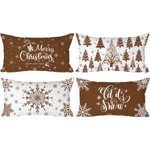 Lanpn Christmas Throw Pillow Covers 14x24 Set of 4, Merry Christmas Winter Xmas Snowflake Decorative Holiday Cushion Pillow Cases 14 x 24 for Outdoor Indoor Farmhouse Home Room Couch Decor (Brown)
