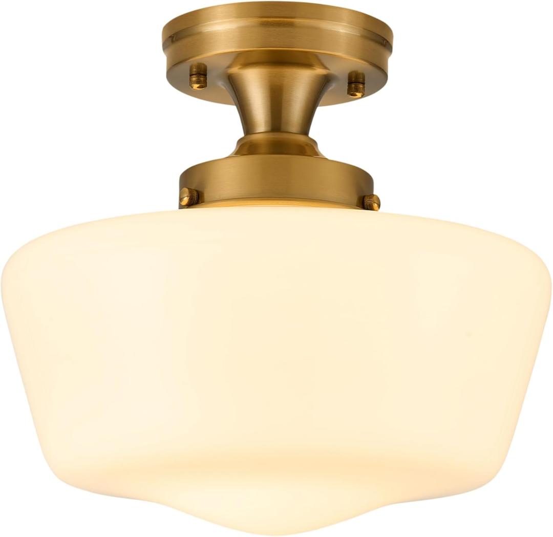 Puncoll Gold Schoolhouse Light Fixture - Vintage Milk Glass Ceiling Light Fixture - Semi-Flush Mount Ceiling Light for Bedroom Kitchen Hallway Entryway, C2504-BG