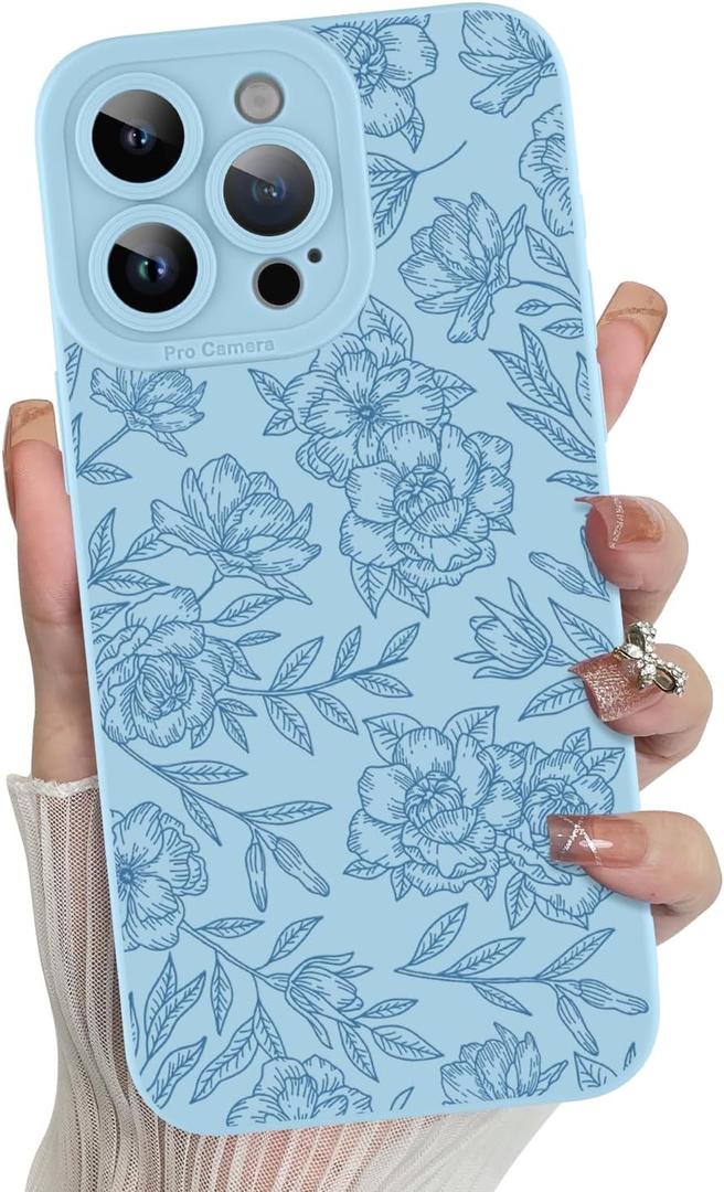 MZELQ for iPhone 15 Pro Max Case, Silicone Floral Flower Rose Cute Pattern, Camera Protection Soft Slim Phone Case for Girls Women Blue