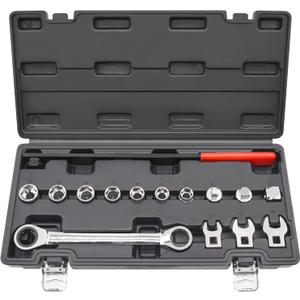 15pcs Universal Ratcheting Serpentine Belt Tool Set, Serpentine Belt Removal Installation Tensioner Kit with Ratcheting Wrench, Crowfoot Wrenches, Socket Adapters, 6-Point Sockets (Black Case)