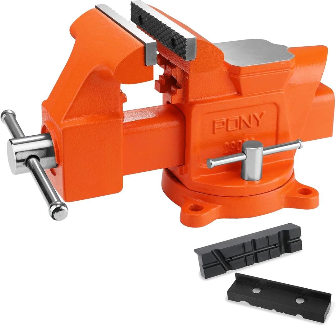 PONY Heavy Duty Bench Vise, 5-inch Jaw Width 4-inch Opening, Swivel Base With Anvil, Utility Combination Pipe Home Vise for Woodworking, One-Pair Jaw Pad Included