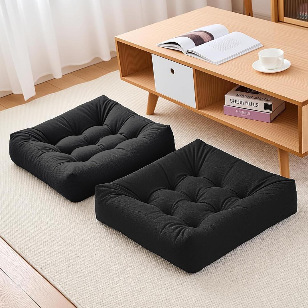 2Pcs Floor Pillows for Adults, 22 * 22 Inch Meditation Cushions, Large Square Sitting Cushion Living Room Memory Foam Pillow for Sitting (2, Black, 22x22x4 Inch)