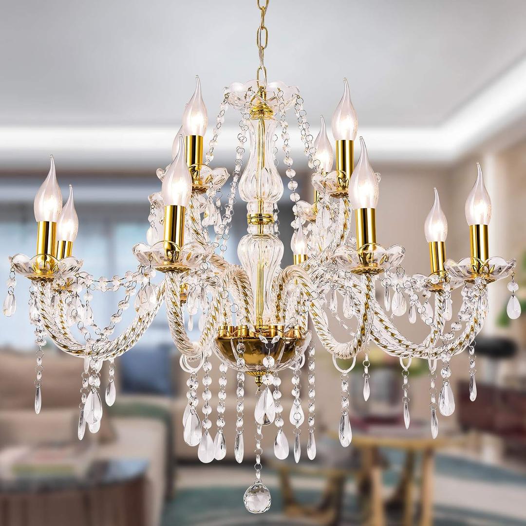 K9 Crystal Candle Chandeliers Lighting 12 Lights Pendant Ceiling Fixture Lamp for Dining Living Room Bedroom Hallway Entry Elegant Decoration (12 Bulbs)
