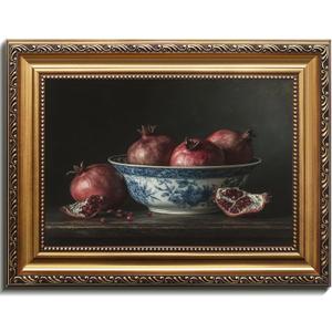 Vintage Gold Framed Wall Art, Pomegranate Still Life Canvas Oil Painting, Fruit Themed Framed Artwork Prints, Rustic Farmhouse Home Decor for Living Room, Kitchen, Dining Room, Office 12x16