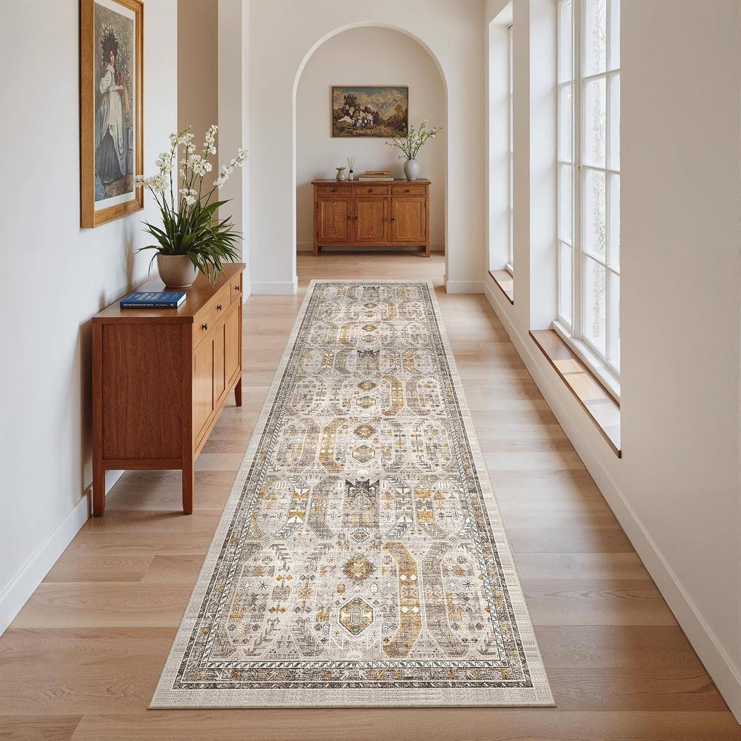 Madane Kitchen Runner Rug - 2x7 Runner Rugs with Rubber Backing Non Slip Vintage Washable Rug Runner Ultra-Thin Throw Carpet Runners for Hallways Bedroom Laundry Room(2'x7', Brown/Gold)