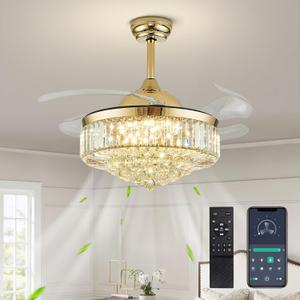 42" Crystal Fandelier Gold Ceiling Fans with Lights Modern Chandelier Fan Retractable Dimmable Ceiling Fan Light for Living Room Dining Room Bedroom, D42"