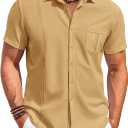 Runcati Mens Cuban Guayabera Shirts Button Down Short Sleeve Shirt Casual Mexican Summer Beach Wedding Tops with Pocket (Size XL, Mustard Yellow)