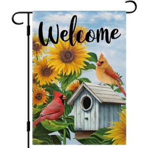DLZDN Welcome Sunflower Cardinal Garden Flag 1218 Inch Double Side Vertical Burlap Farmhouse Yard Flag Spring Summer Seasonal Outdoor House Decoration