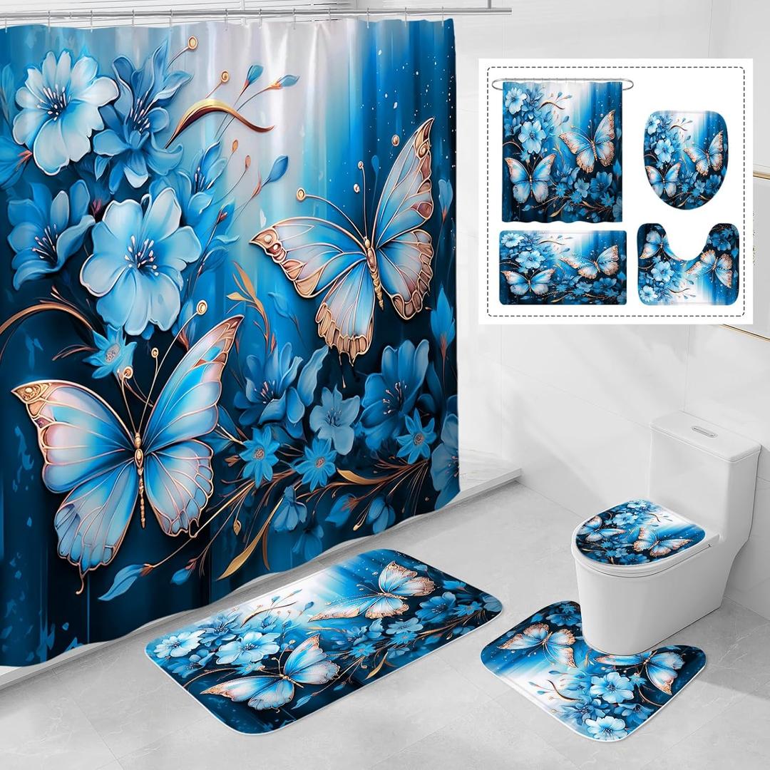 4 Pcs Blue Floral Butterfly Shower Curtain Set with Non-Slip Rugs, Modern Chic Toilet Lid Cover and Bath Mat, Elegant Bathroom Decor Set with Shower Curtain and Rugs(Hooks Not Included)