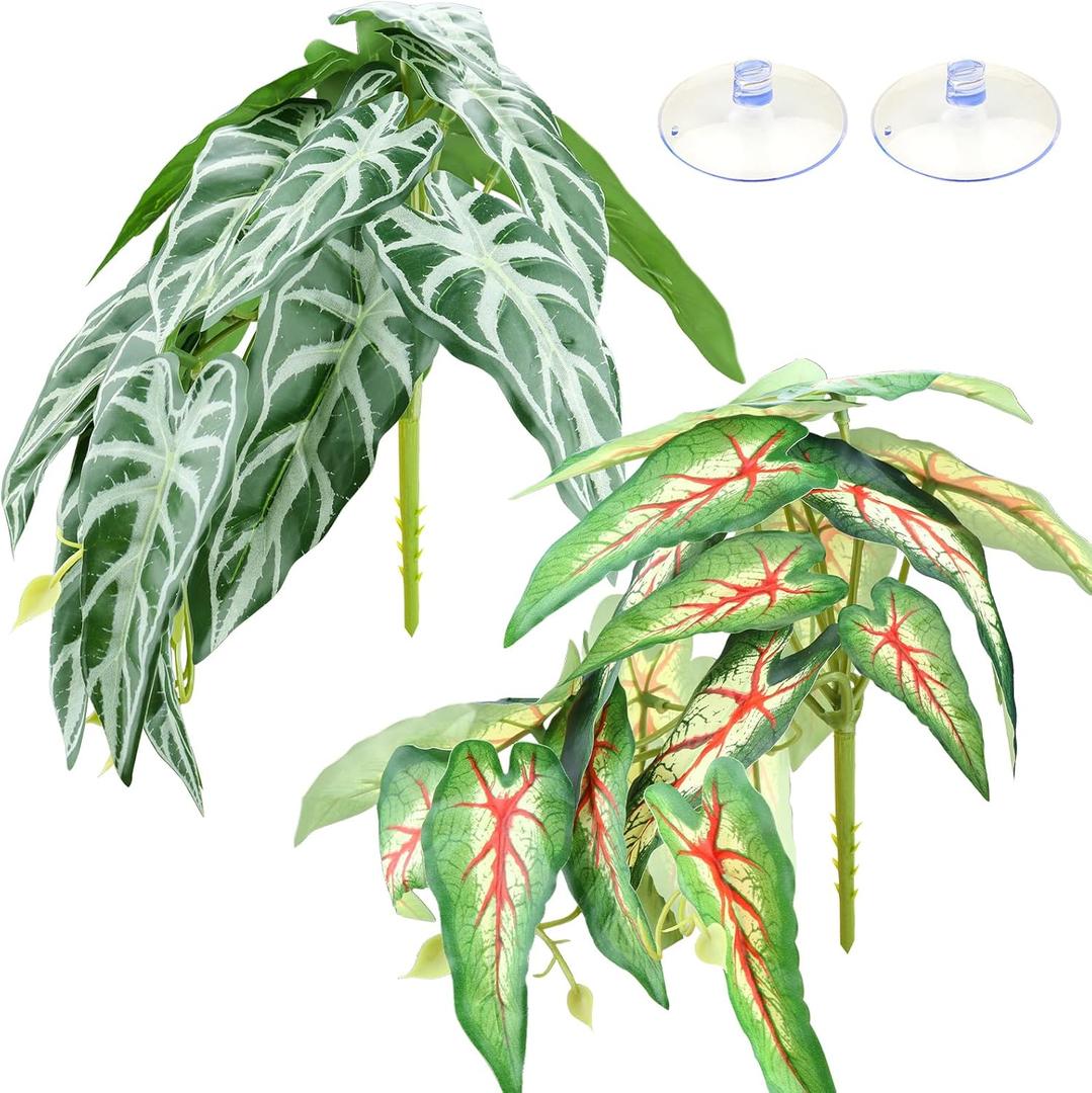 QUOZUO 2 Pack Reptile Plants for Terrarium, Artificial Leaves Habitat Decorations with Suction Cups, Terrarium Hanging Plants Vines for Bearded Dragons Lizards Snake Geckos Frogs - Red and White