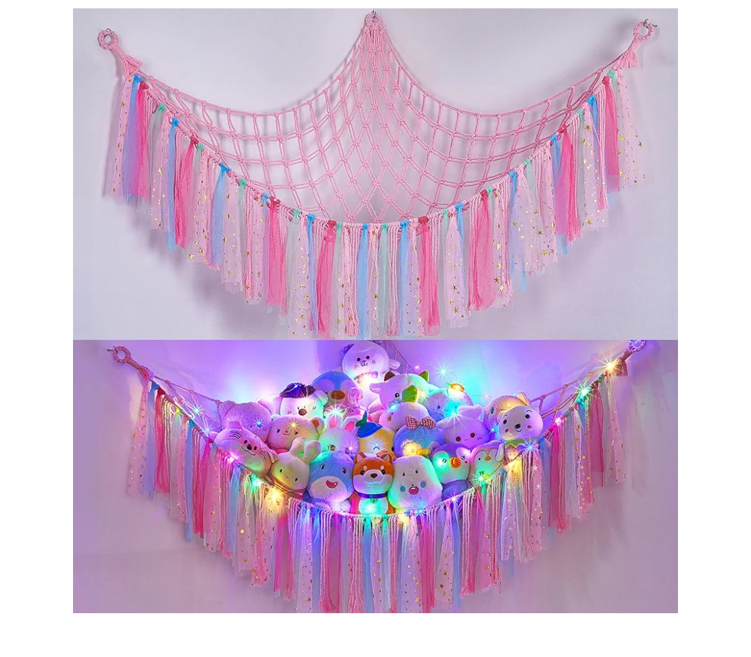 FIOBEE Stuffed Animals Net or Hammock with LED Light, Toy Hammock Hanging Stuffed Animals Storage Organizer Holder Room Décor for Nursery Kids Bedroom