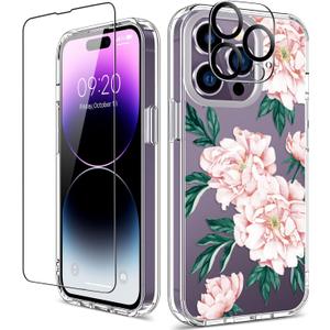 GiiKa for iPhone 14 Pro Case with Screen Protector, 6.1" Clear Full Body Shockproof Protective Floral Girls Women Hard Case with TPU Bumper Cover Phone Case for iPhone 14 Pro, Pink Flowers