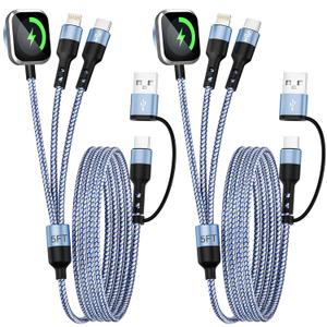 3 in 2 Multi Charging Cable for iWatch Charger/iPhone Charger/CarPlay Cable, Travel Vacation Essentials, (2Pack 5FT) USB C/L/iWatch Charging Cords for iWatch 11-1/iPhone 17-12, Android Car, Blue