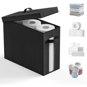 Bathroom Toilet Paper Storage with Lid - for Up to 12 Rolls | Storage Bins with Lids for Towel or Yarn | Free Standing | Foldable | Moisture Resistant | Clear Plastic Window | Black | 1 Pack