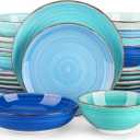 vancasso Bonita Dinnerware Set 24 Pieces Blue Stoneware Service for 6, Handpainted Spirals Pattern Stoneware Combination Set