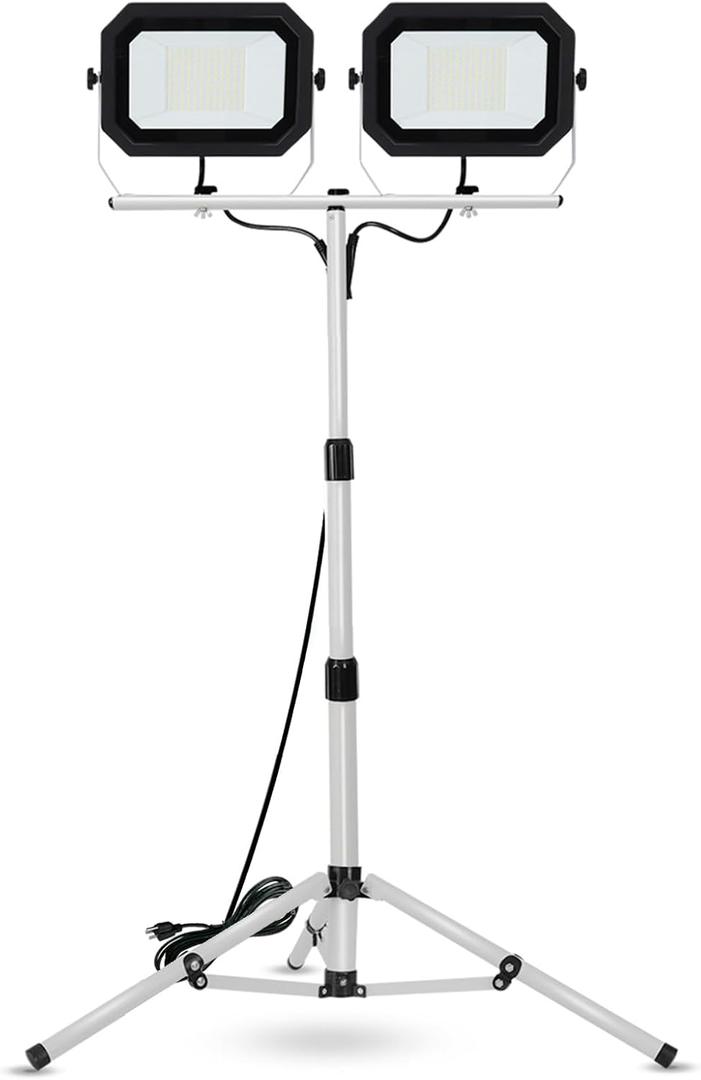UFOND 20000 Lumen Work Lights with Stand, 200W Dual Head LED Work Light, Waterproof Lamp with Individual Switch, Adjustable Metal Telescoping Tripod 10Ft Power Cord