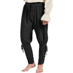 Men's Pirate Renaissance Pants with Ankle Banding - Medieval Viking Navigator Costume Cosplay - Drawstrings (Large, Black)