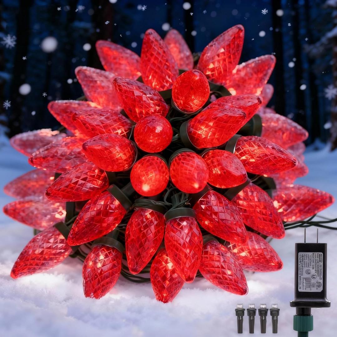Ucutely C9 LED Christmas Lights Outdoor,33 Feet 50 LED 8 Lighting Modes Waterproof Connectable Christmas String Lights for Outside Roofline Patio Home Xmas Decorations (Red)