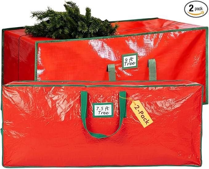 Christmas Tree Storage Bag Set of 2 - Fits Up to 9ft & 7.5ft Artificial Xmas Trees, Heavy-Duty Xmas Holiday Decor Organizer Duffel with Reinforced Handles, Dual Zippers, Tear-Proof Material (Red