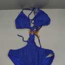OYOANGLE Women's Ring Linked Cut Out One Piece Swimsuits Textured Tie Backless Halter Bathing Suit Monokini (Blue)